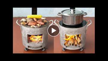 The idea of ​​making a wood stove from cement and old cooking pots