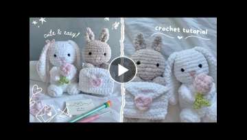 how to crochet cute bunnies holding tulip/love letter | tutorial (no magic ring!) + free pattern