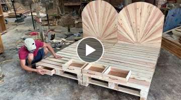 DIY - Amazing How To build A King Size pallet Bed Extremely Simple and Beautiful // Woodworking